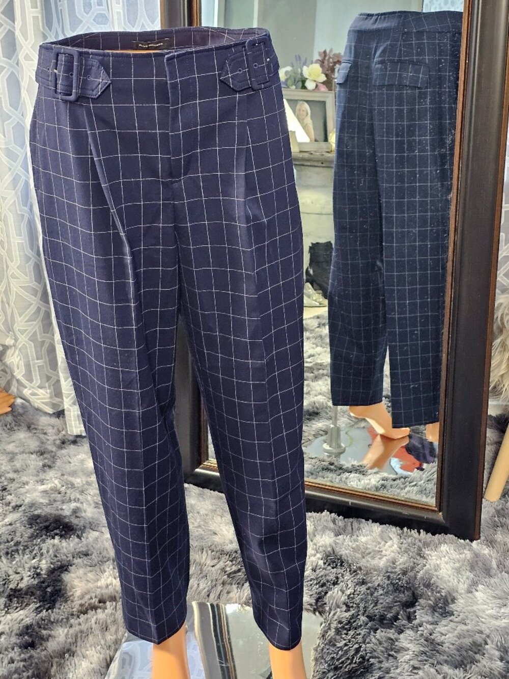 Club Monaco Navy Windowpane Cropped Pants, Size 6